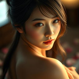 A stunningly beautiful and perfect Japanese woman, exuding sensuality with an alluring yet playful charm