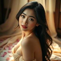 A stunningly beautiful and perfect Japanese woman, exuding sensuality with an alluring yet playful charm