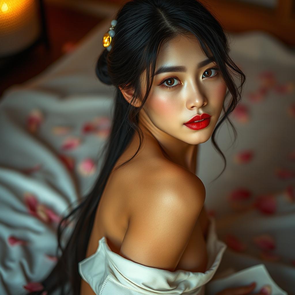 A stunningly beautiful and perfect Japanese woman, exuding sensuality with an alluring yet playful charm