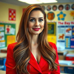 A sexy Russian woman teacher aged 45-50 with long, elegantly styled hair, reflecting a modern and fashionable hairstyle