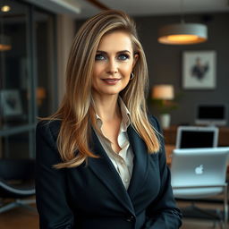 A sexy Russian female marketer aged 45-50 with long, elegantly styled hair, showcasing a modern and fashionable hairstyle