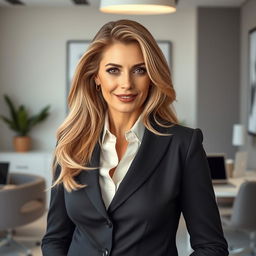 A sexy Russian female marketer aged 45-50 with long, elegantly styled hair, showcasing a modern and fashionable hairstyle