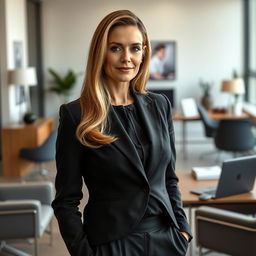 A sexy Russian female marketer aged 45-50 with long, elegantly styled hair, showcasing a modern and fashionable hairstyle