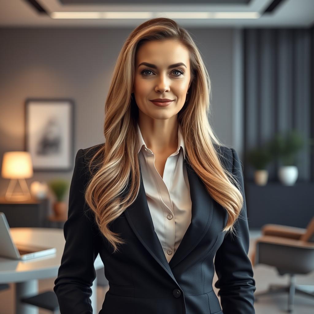 A sexy Russian female marketer aged 45-50 with long, elegantly styled hair, showcasing a modern and fashionable hairstyle