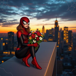A thoughtful scene featuring Spider-Woman, dressed in her classic red and black costume, sitting on a rooftop in a cityscape during sunset