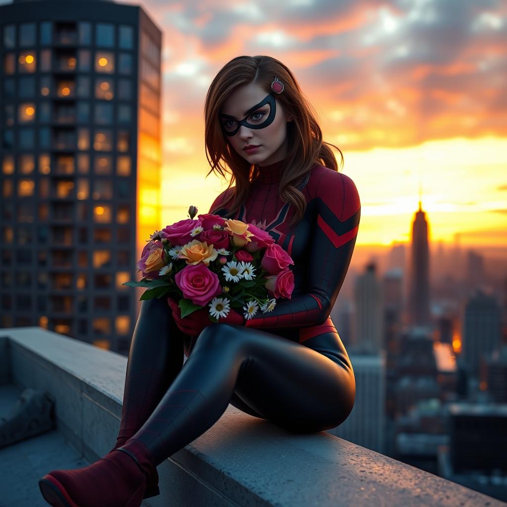 A thoughtful scene featuring Spider-Woman, dressed in her classic red and black costume, sitting on a rooftop in a cityscape during sunset