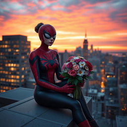 A thoughtful scene featuring Spider-Woman, dressed in her classic red and black costume, sitting on a rooftop in a cityscape during sunset
