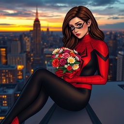 A thoughtful scene featuring Spider-Woman, dressed in her classic red and black costume, sitting on a rooftop in a cityscape during sunset