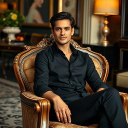 A stylish and elegant scene featuring a person with a confident expression sitting on a beautiful, luxurious chair