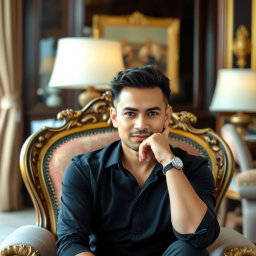 A stylish and elegant scene featuring a person with a confident expression sitting on a beautiful, luxurious chair