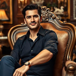 A stylish and elegant scene featuring a person with a confident expression sitting on a beautiful, luxurious chair