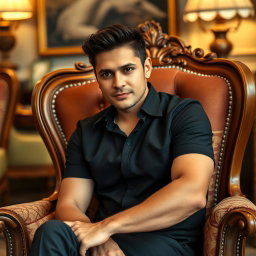 A stylish and elegant scene featuring a person with a confident expression sitting on a beautiful, luxurious chair