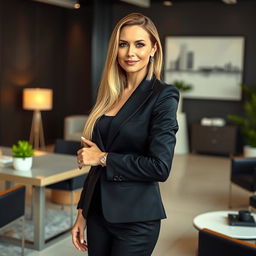 A sexy Russian female marketer aged 45-50 with long, beautifully styled hair in a modern and fashionable haircut