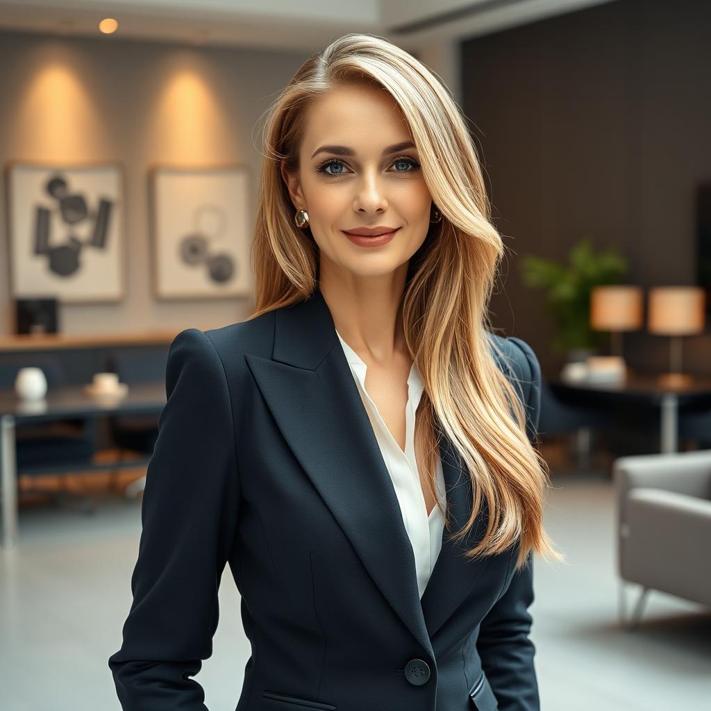 A sexy Russian female marketer aged 45-50 with long, beautifully styled hair in a modern and fashionable haircut
