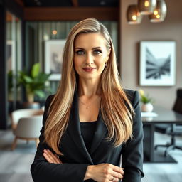A sexy Russian female marketer aged 45-50 with long, beautifully styled hair in a modern and fashionable haircut