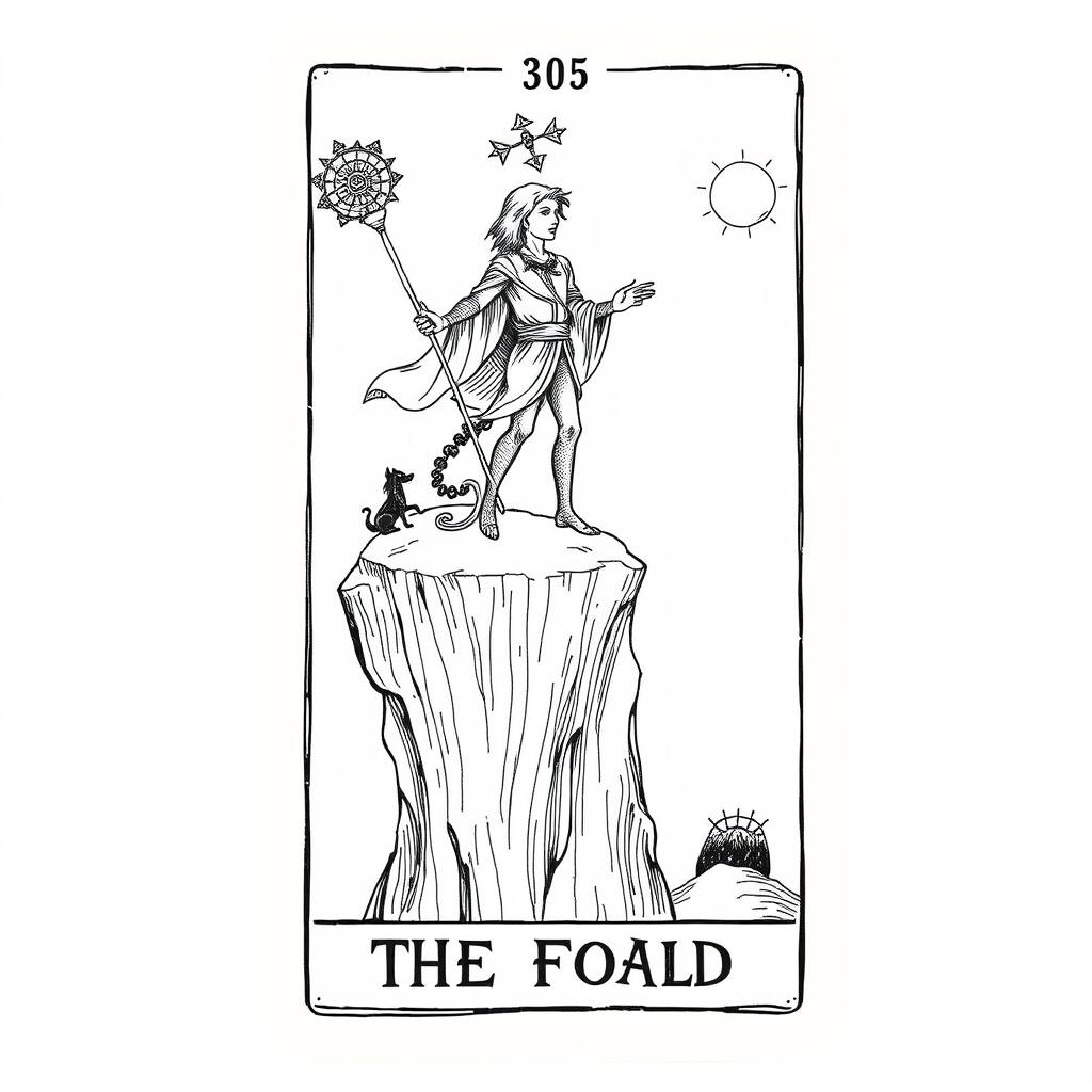 A vintage representation of The Fool card from a tarot deck, featuring a handmade style