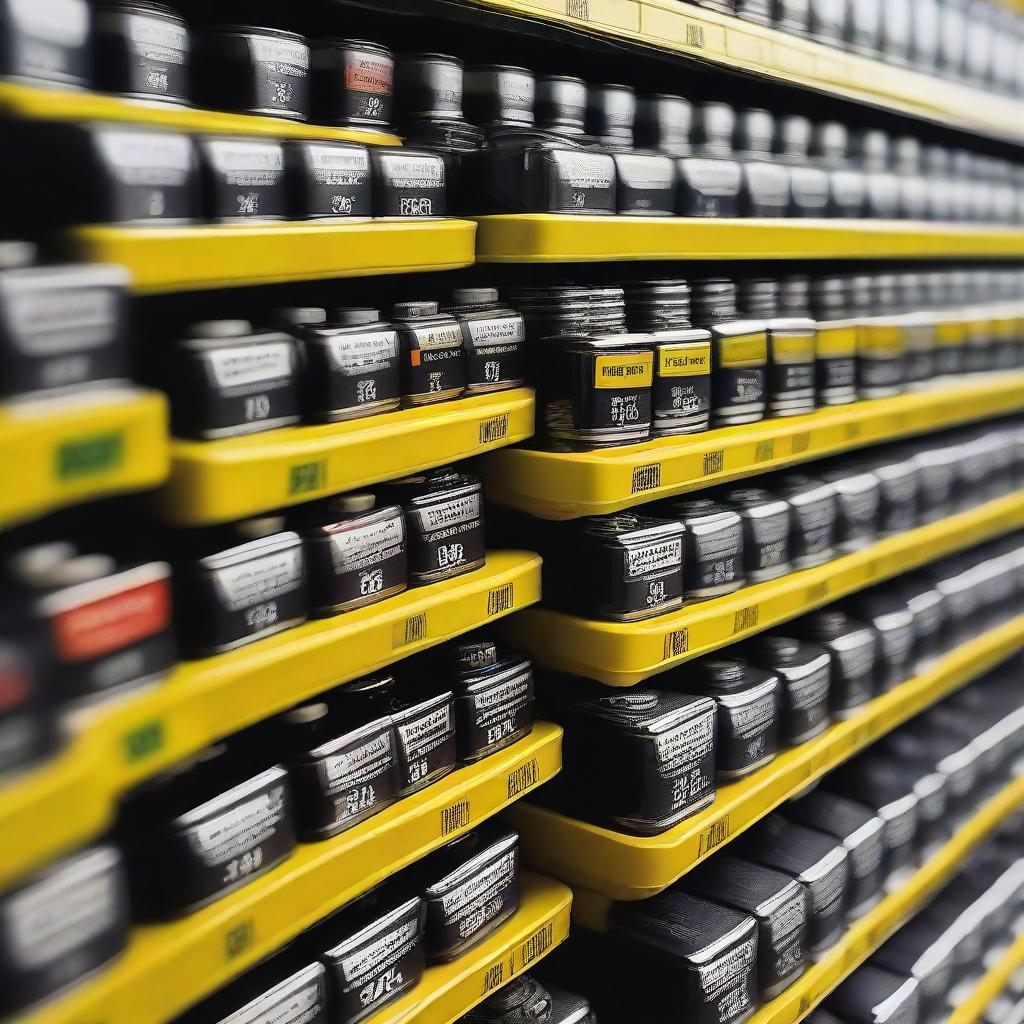 A wide metal shelf lined with rows of new, shiny car batteries. The batteries are neatly arranged by size and type, each tagged with its specifications.