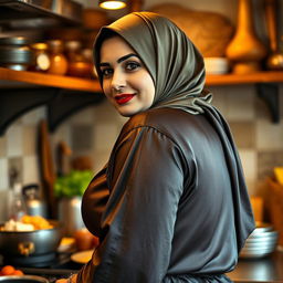 A 48-year-old Middle Eastern woman with a beautiful face, wearing a hijab and a luxurious silk abaya