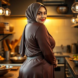 A 48-year-old Middle Eastern woman with a beautiful face, wearing a hijab and a luxurious silk abaya