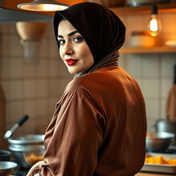 A 48-year-old Middle Eastern woman with a beautiful face, wearing a hijab and a luxurious silk abaya