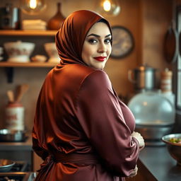 A 48-year-old Middle Eastern woman with a beautiful face, wearing a hijab and a luxurious silk abaya