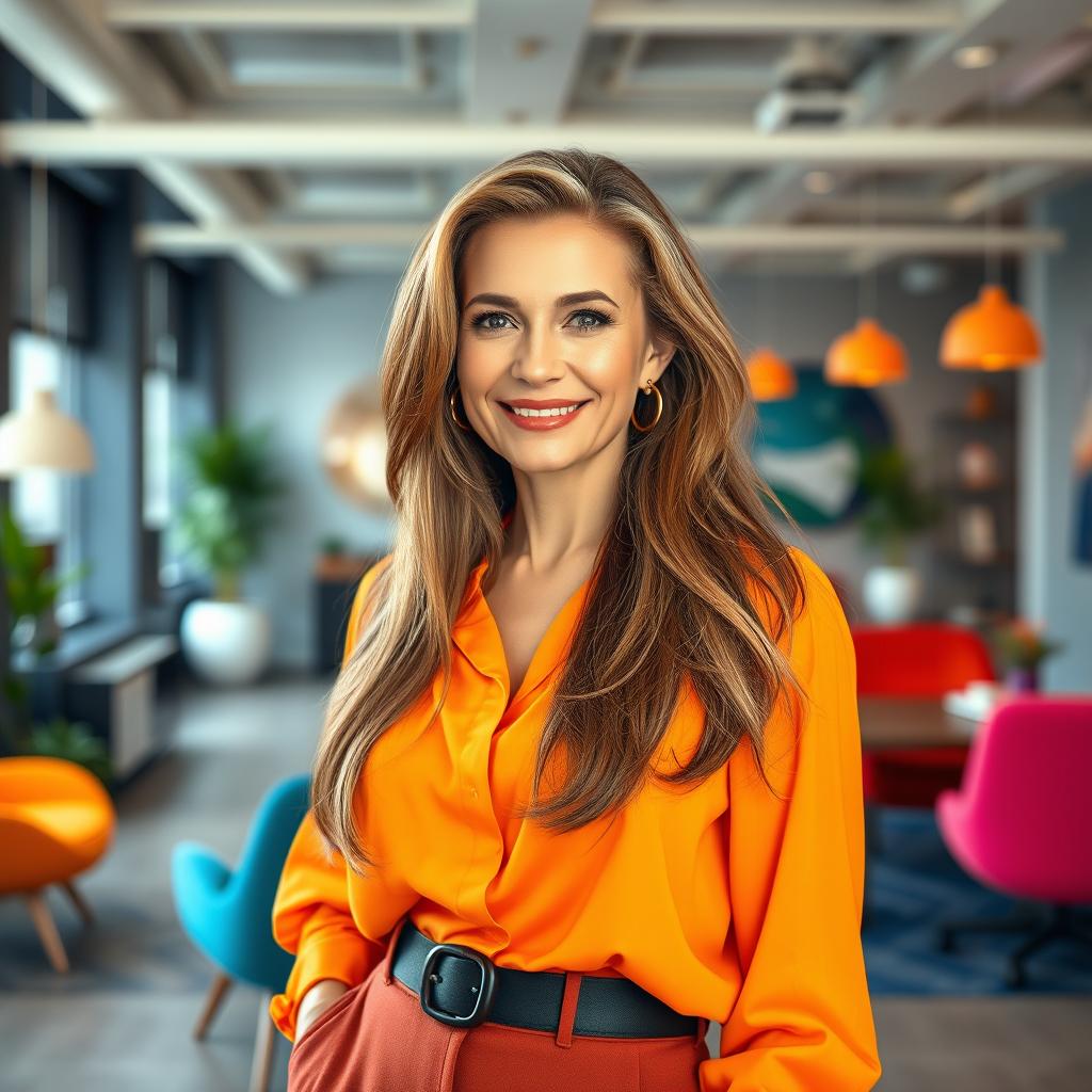 A sexy Russian female marketer aged 45-50 with long, beautifully styled hair in a trendy and modern haircut
