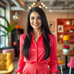 A sexy Russian female marketer aged 45-50 with long, sleek black hair styled in a trendy and fashionable way