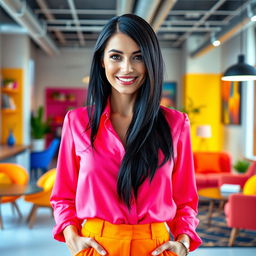 A sexy Russian female marketer aged 45-50 with long, sleek black hair styled in a trendy and fashionable way