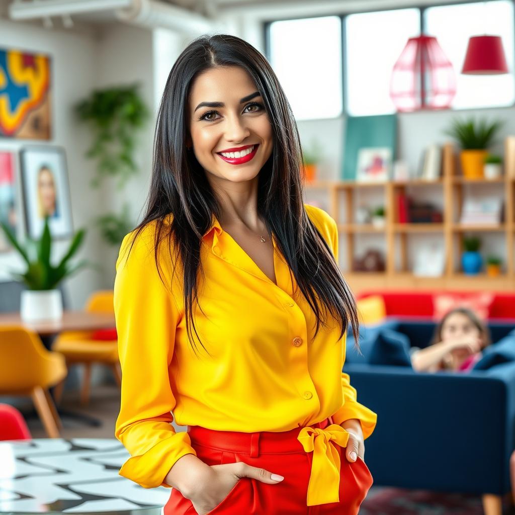 A sexy Russian female marketer aged 45-50 with long, sleek black hair styled in a trendy and fashionable way