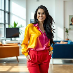 A sexy Russian female marketer aged 45-50 with long, flowing black hair styled in a fashionable manner