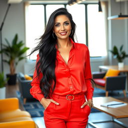 A sexy Russian female marketer aged 45-50 with long, flowing black hair styled in a fashionable manner