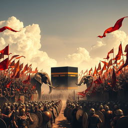 A dramatic scene depicting two vast armies facing each other, their banners fluttering in the wind