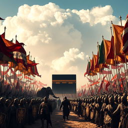 A dramatic scene depicting two vast armies facing each other, their banners fluttering in the wind