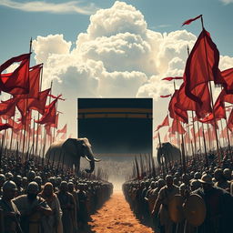 A dramatic scene depicting two vast armies facing each other, their banners fluttering in the wind