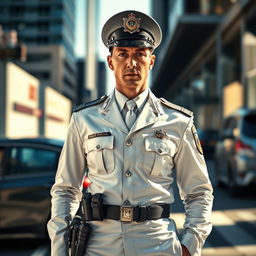 A detailed depiction of a police officer in a sleek, white police uniform, standing confidently with a serious expression