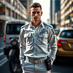 A detailed depiction of a police officer in a sleek, white police uniform, standing confidently with a serious expression