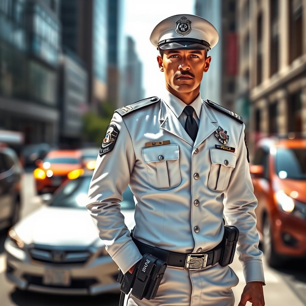 A detailed depiction of a police officer in a sleek, white police uniform, standing confidently with a serious expression