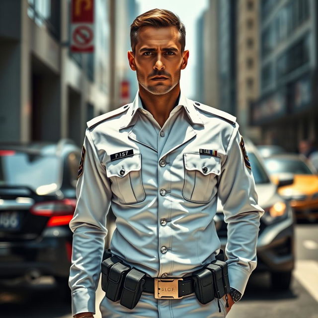 A detailed depiction of a police officer in a sleek, white police uniform, standing confidently with a serious expression