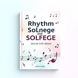 Create a book cover for a rhythm and solfège exercise book, featuring various musical symbols including notes, accents, and clefs