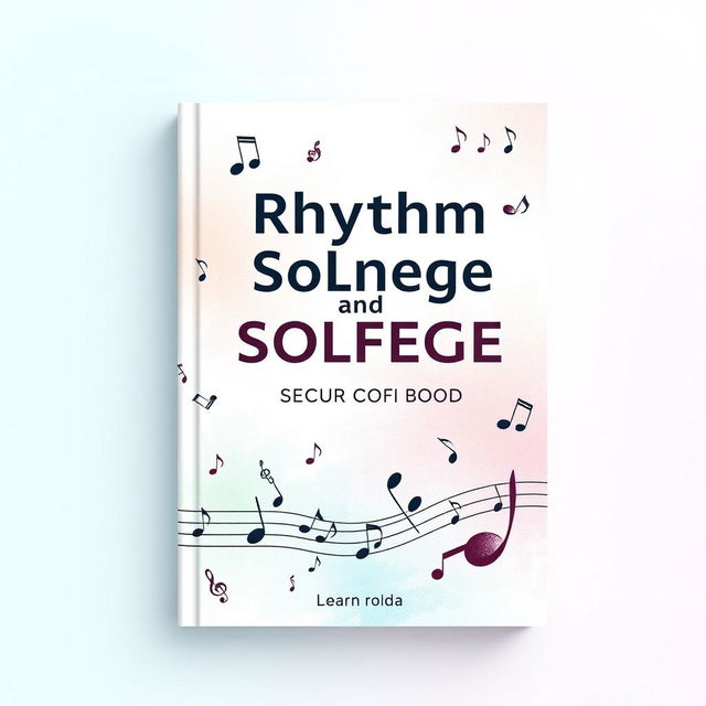 Create a book cover for a rhythm and solfège exercise book, featuring various musical symbols including notes, accents, and clefs