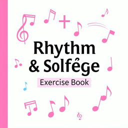 Create a book cover for a rhythm and solfège exercise book, featuring various musical symbols including notes, accents, and clefs