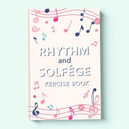 Create a book cover for a rhythm and solfège exercise book, featuring various musical symbols including notes, accents, and clefs