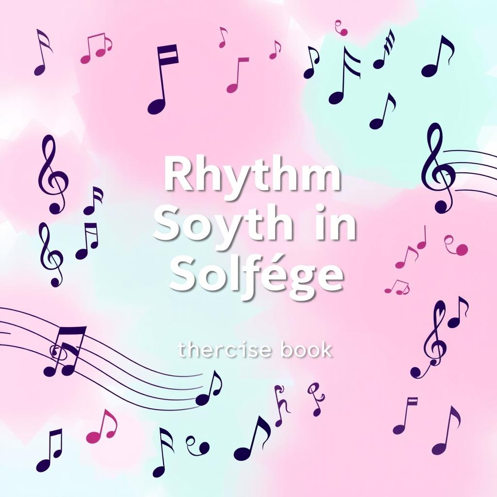 Create a book cover for a rhythm and solfège exercise book, featuring various musical symbols including notes, accents, and clefs