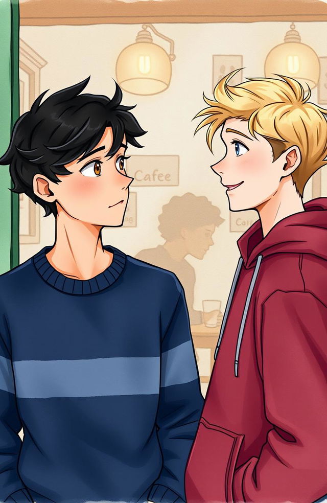 A scene depicting a café from the outside, where two young men are central to the composition