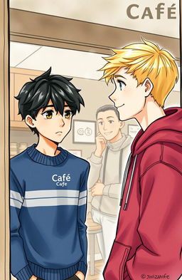 A scene depicting a café from the outside, where two young men are central to the composition