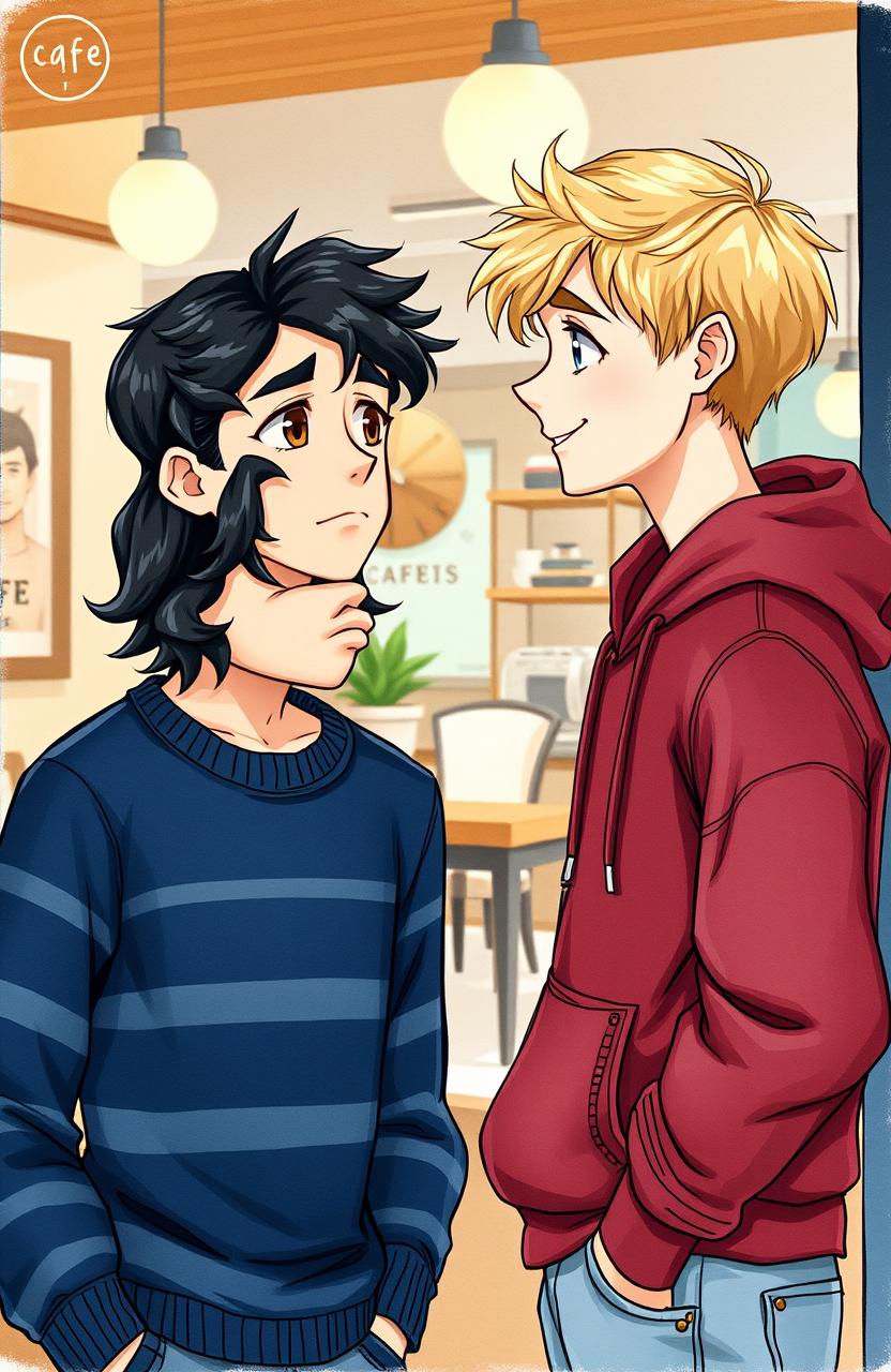 A scene depicting a café from the outside, where two young men are central to the composition