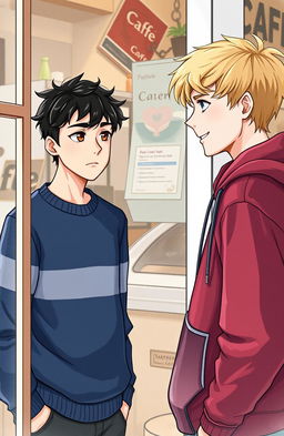 A scene depicting a café from the outside, where two young men are central to the composition