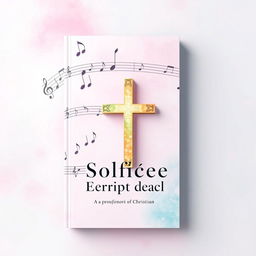 Create a book cover for a rhythm and solfège exercise book, featuring various musical symbols such as notes, accents, and clefs, with a profound Christian theme