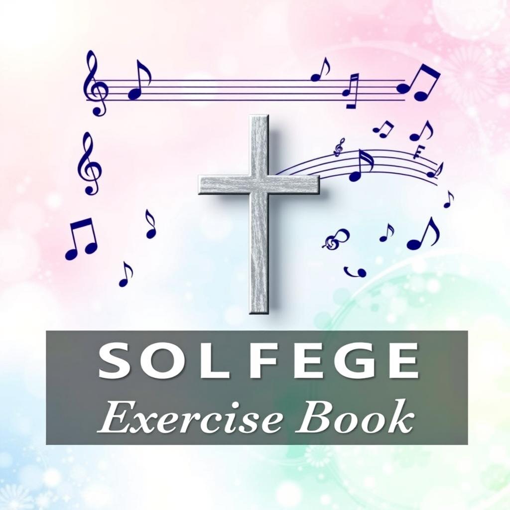 Create a book cover for a rhythm and solfège exercise book, featuring various musical symbols such as notes, accents, and clefs, with a profound Christian theme