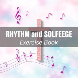Create a book cover for a rhythm and solfège exercise book, featuring various musical symbols such as notes, accents, and clefs, with a profound Christian theme